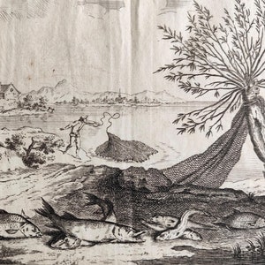 May include: A black and white engraving showing a fisherman casting a net into a body of water. The scene includes a small village in the background, a tree on the right, and various types of fish on the shore. The text "La Pêche à l'Epervier" is at the top of the image.