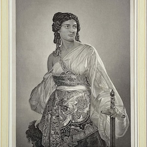 1849 Judith Romantic Portrait of the Biblical Heroine with Sword and Head of Holofernes Vintage Steel Engraving Matted Print Biblia Wall Art
