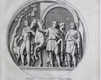 1690 Original 17th century engraving, Italian antique print, Arch of Constantine in Rome - Trajan, hunting, greyhound, horse - P.S Bartoli