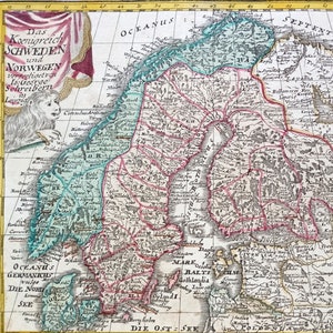 1741 Carte de la SUÈDE et de la NORVÈGE, Europe. Original coloré à la main. Carte de l'Europe antique. XVIIIe siècle. Atlas Selectus, J.G. Schreiber. 283 ans