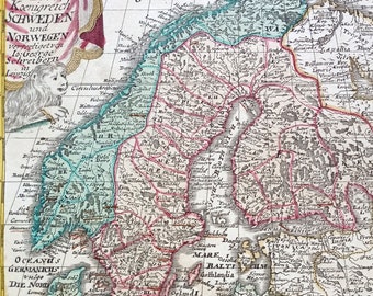 1741 SWEDEN and NORWAY map, Europe. Original hand colored. Antique Europe map. 18th Century. Atlas Selectus, J. G. Schreiber. 283 Years old