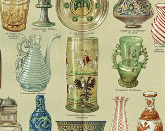 1903 Antique Glassware Print Vintage Glass Decor Historic Vases Illustration Decorative Art Print Museum Style Wall Home Decor