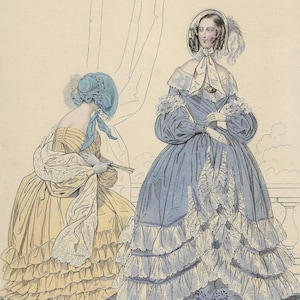 Impresión de moda de PARÍS de 1840 Impresión original coloreada a mano Impresión antigua de moda francesa Arte de pared de moda femenina del siglo XIX Hermosa impresión de oficina