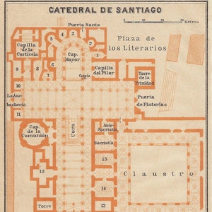 1913 SANTIAGO von COMPOSTELA Spanische Kathedrale Karte Spanien Kirchenplan Antike katholische Kathedrale Druck Geschenkidee Spanischer Apostel Jakobus