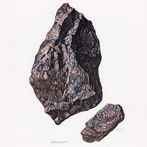 Puede incluir: Ilustración de dos piezas de Germanita, un mineral raro. La pieza más grande es de color marrón oscuro con superficies texturizadas y toques de azul y púrpura. La pieza más pequeña tiene una apariencia similar, con una exhibición más vibrante de colores.