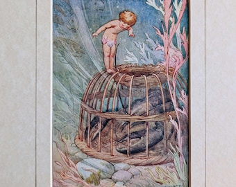 Azuurblauwe oceaan kinderkamerkunst - originele print waterbaby's uit 1922 - kunst aan de muur speelkamer - vintage kustdecor - uniek babyshowercadeau