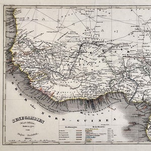 Carte ancienne d&#39;Afrique de l&#39;Ouest de 1850, Original Routes of African Explorers Map, impression vintage African Lovers Wall Art Maps Lovers Colonies