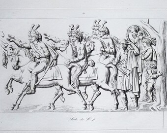 May include: A black and white engraving depicting a group of people on horseback, with others standing nearby. The scene appears to be a historical event, possibly a military procession or a royal entourage.