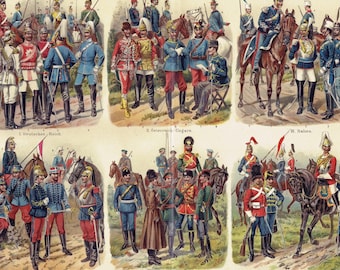 1893 Antique Lithograph of Cavalry Uniforms Vintage Military Wall Art, Cuirassiers, Hussars, Uhlans Gallery Wall