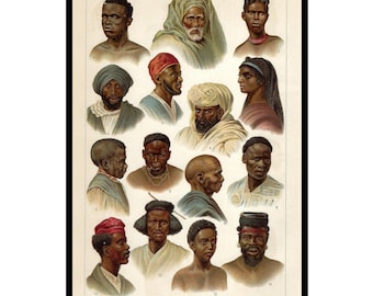 1903 Antique lithograph of AFRICAN PEOPLE. African Tribes. People from Africa Print. Ethnography. Anthropology. African ethnic groups