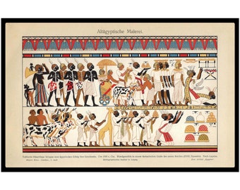 1903 Antique lithograph of ancient Egyptian painting. Ancient Hieroglyphics. Art from Ancient Egypt. Archaeology. Archeology.