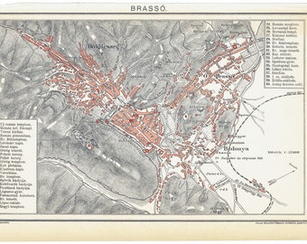 BRASOV, Romania - 1893 old map from the 19th century - antique city plan print