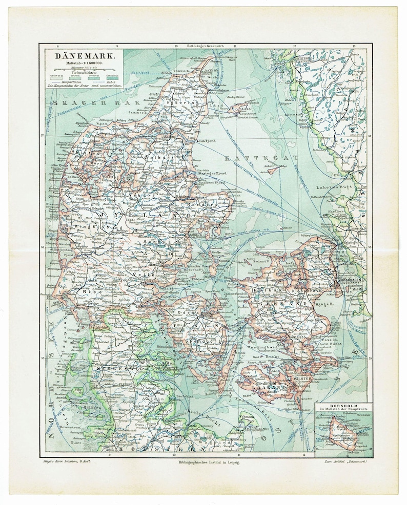 1903 Vintage Denmark Map Antique Map of Denmark and Bornholm Old World ...