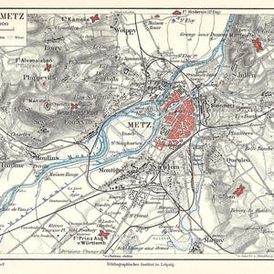 1903 - Metz Umgebung Karte Antiker Frankreich Druck Vintage Umgebung von Metz Landkarte Stadtplan Wand Kunst Wanderlust Geschenk Idee Französische Karte Dekor