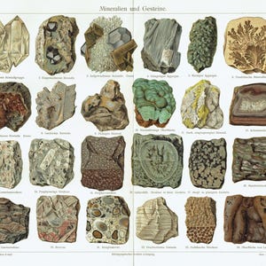 1903 Minerali antichi Litografia Minerali e rocce Stampa Poster geologico antico Arte murale geologica Lava, gneiss, porfido, brecce