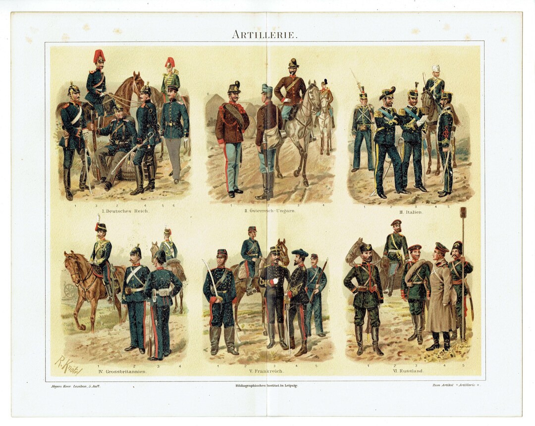 1893 Antique Lithograph of Artillery Uniforms Vintage Military Wall Art ...