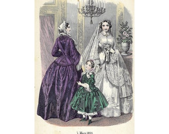 1855 MODE allemande, impression vintage, lithographie de mode antique, impression allemande originale, mode nuptiale féminine, colorée à la main.