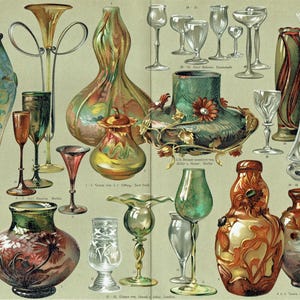 This antique German chromolithograph (color lithograph) features antique glassware designs, showcasing various art nouveau decorative glass items. Printed in Leipzig, Germany in 1903 for Meyers Konverstions-Lexikon. Decorative print home decor