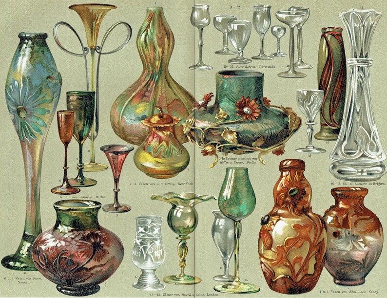 This antique German chromolithograph (color lithograph) features antique glassware designs, showcasing various art nouveau decorative glass items. Printed in Leipzig, Germany in 1903 for Meyers Konverstions-Lexikon. Decorative print home decor