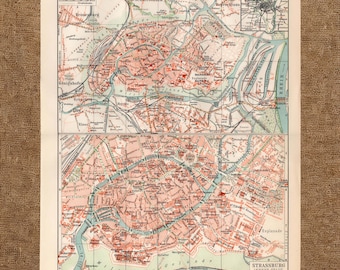 Originele 1903 Straatsburg Straatsburg Frankrijk kaart antieke Duitse stedenbouwkundig plan Vintage straatindeling oude binnenstad print geschiedenis Elzas geschiedenis muur Art Deco