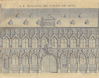 1769 Belgium MONS Antique Print Original Copperplate Engraving Antique Artwork Belgium Lovers Wall Art Gift Mons Town Hall building