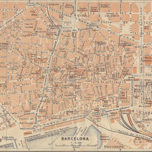 1913 BARCELLONA, Spagna antica MAPPA del centro città. Stampa di guida turistica vintage. Idea regalo per viaggiatori. Mappa della città spagnola. Mappa della città wallart