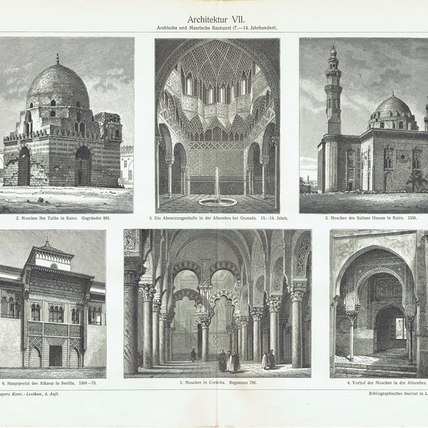 1897 ARABIC and Moorish ARCHITECTURE, antique engraving from the 19th century - print of mosques, Islamic art, Alhambra de Granada, Córdoba