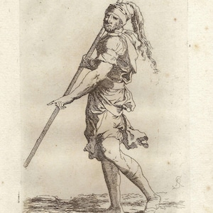 1780 Antique Etching Italian Warrior Holding Spear Salvator Rosa Baroque Figure Print Old Master Art Classical Decor Historical Graphic