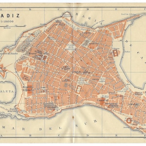 1913 SPAGNA CADICE Antica MAPPA Mappa della città d'epoca Mappa stradale della città spagnola Mappa della città Wallart Wanderlust Idea regalo Mappa della Spagna