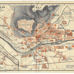 1913 SPANIEN BURGOS Antike KARTE Vintage Stadt Karte Spanische Stadt Straßenkarte Stadtplan Wandkunst Fernweh Geschenk Idee Spanien Karte