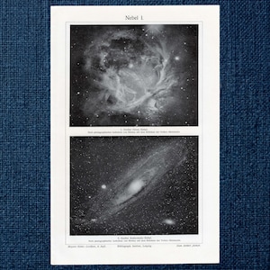 May include: A black and white vintage book plate titled Nebel I. featuring two astronomical photographs. The top image shows the Orion Nebula, and the bottom image displays the Andromeda Nebula, both with German text captions and source credits.