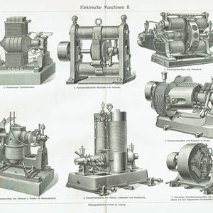 Op de afbeelding: Een antieke prent getiteld "Elektrische Maschinen II" met gedetailleerde illustraties van verschillende elektrische machines. De machines zijn afgebeeld in grijstinten, waarbij hun ingewikkelde mechanische ontwerpen en componenten worden getoond. De prent bevat Duitse tekst.