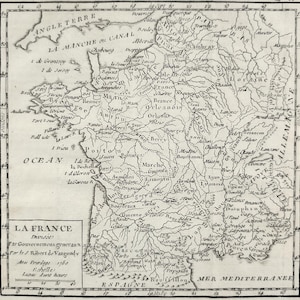 1750 FRANKREICH Antike Karte. Original Kupferstich aus dem 18.Jahrhundert. Allgemeine Regierungen. Robert von Vaugondy. 274 Jahre alter Druck