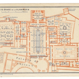 Mappa antica del palazzo arabo dell'Alhambra di Granada, Spagna, 1908. Stampa di guida turistica vintage. Idea regalo per viaggiatori. Palazzo spagnolo. Mappa della città da parete.