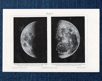 Original 1903 Astronomy Print Antique Moon Phase Lithograph Vintage Space Observatory Celestial Lunar Telescope Surface Wall Decor Art