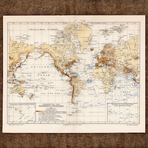 Op de afbeelding: Een vintage wereldkaart getiteld VERBREITUNG DER ERDBEBEN SEEBEBEN UND VULKANE, met beige landmassa's en blauwe oceaanstromingen. De kaart toont seismische en vulkanische activiteitszones met rode, blauwe en bruine markeringen, rasterlijnen en legenda's.