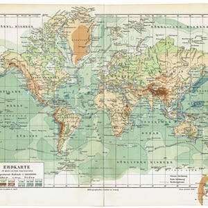 Pode incluir: Um mapa-múndi antigo com projeção de Mercator, apresentando continentes em tons de verde, castanho e bege, e oceanos em tons de azul. O mapa inclui texto em alemão e uma legenda com indicadores de profundidade codificados por cores. Medidas em sistema métrico.