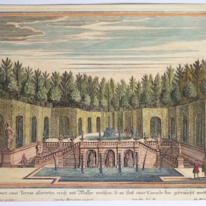 1720 Antique print, Original hand colored engraving 18th century German etching, Project of Palace Gardens near Munich, Math. Disel
