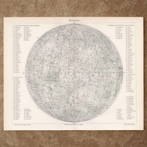 Può includere: Una mappa lunare in carta in stile vintage intitolata Mondkarte, che presenta una grande illustrazione circolare della luna con linee di griglia, crateri e regioni etichettate. Colonne di elenchi di testo numerati sono sui lati.