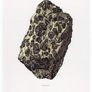 May include: An illustration of a chromite specimen. The rock is a dark, mottled gray with rounded, bulbous formations. The word "Chromite" is printed in a serif font below the rock.