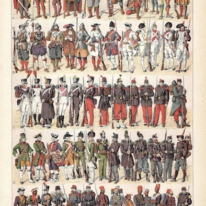 Puede incluir: Una ilustración vintage que representa la evolución de los uniformes de infantería desde la Edad Media hasta principios del siglo XX. La imagen muestra soldados de diferentes períodos históricos, incluyendo las épocas merovingia, carolingia y napoleónica. Los uniformes son detallados y coloridos, mostrando los diferentes estilos y equipos utilizados por los soldados de infantería a lo largo de la historia.