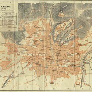 1913 GRANADA, Spagna antica MAPPA della città. Stampa di guida turistica d'epoca. Idea regalo Wanderlust. Mappa della città spagnola. Mappa della città da parete