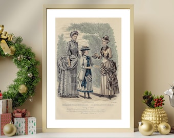 Estampado antiguo de moda parisina de 1883, arte mural victoriano vintage, ilustración coloreada a mano para decoración femenina.