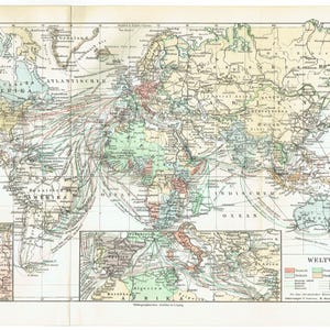 May include: Vintage world map featuring continents, oceans, and routes, rendered in a classic colour scheme of yellow, green, and brown. The map includes German text and a legend at the bottom. A detailed geographical illustration.