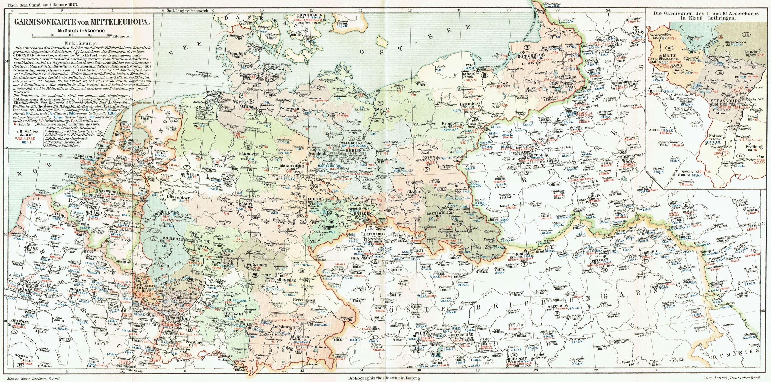 Vintage 1903 Map of Central Europe - Imperial German Army Garrisons ...