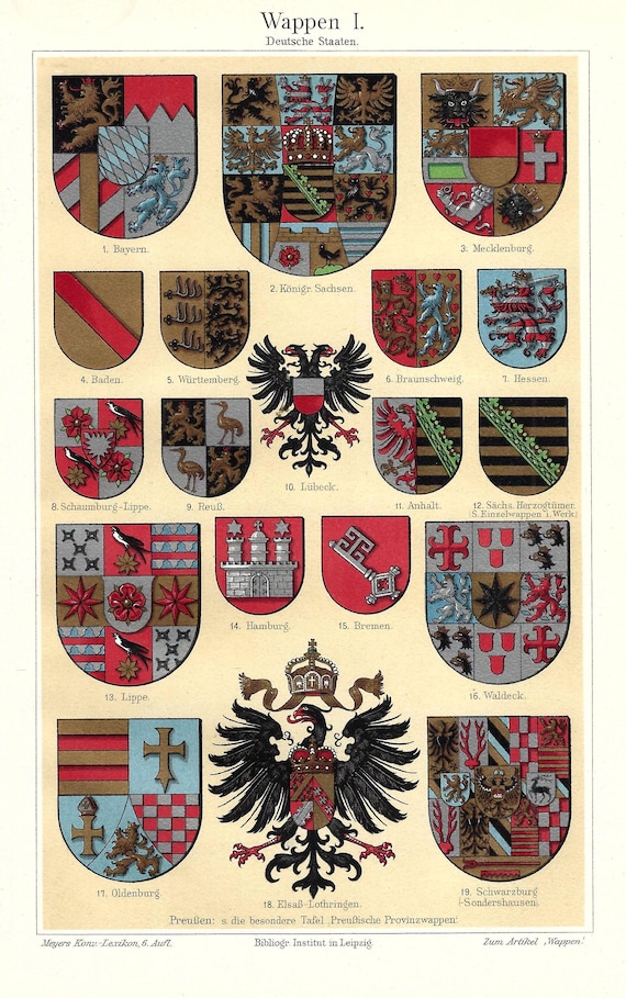 1903 Coats of Arms Print German Empire Escutcheons Vintage
