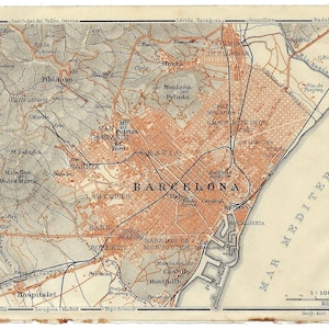 1913 BARCELLONA e dintorni, Spagna antica MAPPA della città. Stampa di guida turistica d'epoca. Idea regalo per viaggiatori. Città spagnola. Mappa della città da parete