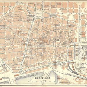 1913 BARCELONA, Spain antique City center MAP. Vintage travel guide print. Wanderlust gift idea. Spanish city town map. City map wallart