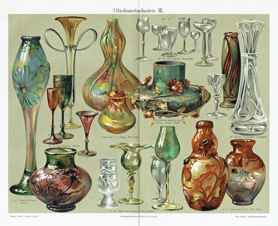 1903 Antique Glassware Print Vintage Glass Decor Historic Vases Illustration Decorative Art Nouveau Print Museum Style Wall Home Decor