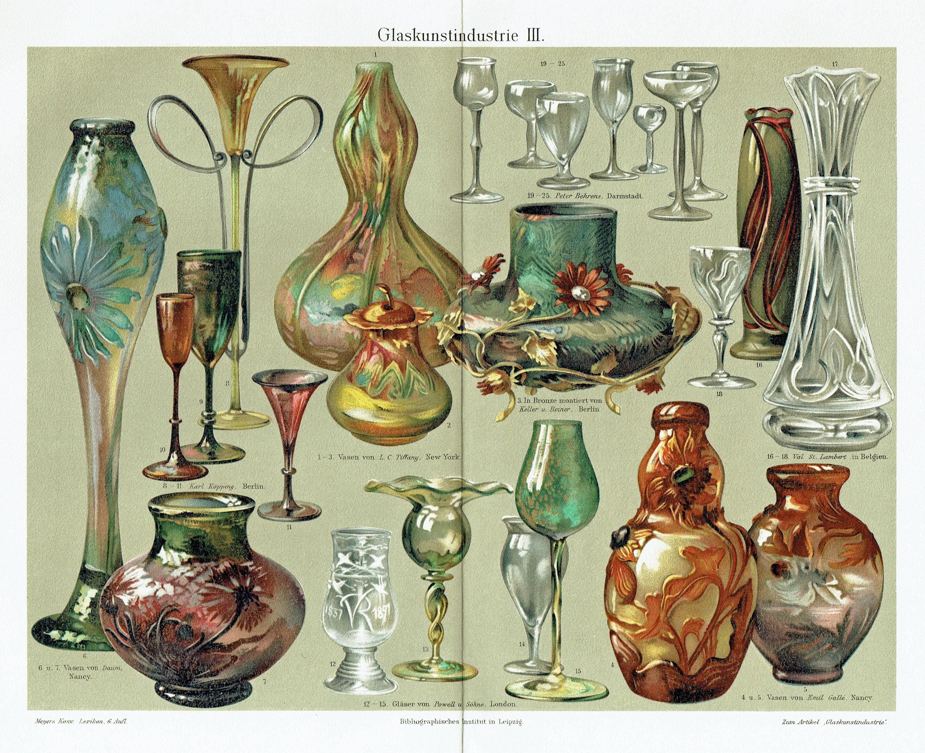 1903 Antique Glassware Print Vintage Glass Decor Historic Vases Illustration Decorative Art Nouveau Print Museum Style Wall Home Decor
